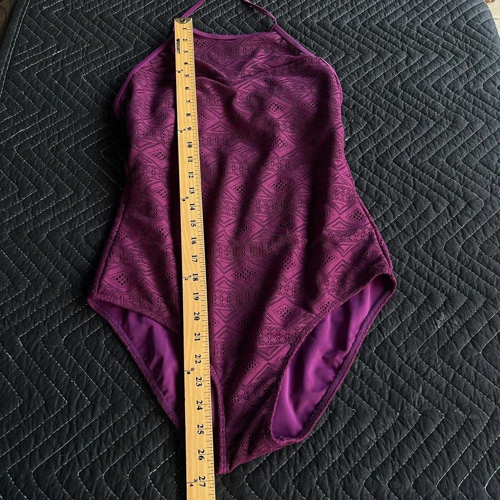 SO Swimsuit Womens Large‎ Purple One Piece Halter Crochet Overlay